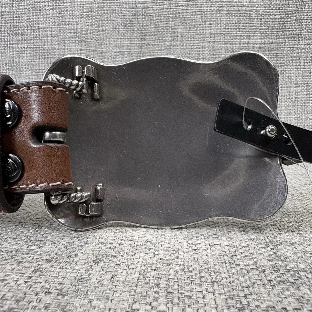 Ariat Mens Brown Floral Tooled Genuine Leather Belt Silver Trophy Buckle NWT